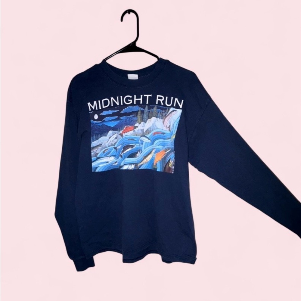Gildan Midnight Run Long Sleeve Cotton Navy Blue Tee - Size L